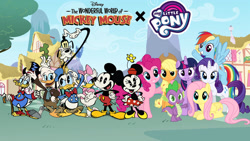 Size: 1192x670 | Tagged: safe, artist:fanvideogames, applejack, fluttershy, pinkie pie, rainbow dash, rarity, spike, twilight sparkle, alicorn, pegasus, pony, g4, crossover, daisy duck, disney, donald duck, female, goofy (disney), male, mare, mickey mouse, minnie mouse, pink mane, pink tail, ponyville, scrooge mcduck, smiling, tail, twilight sparkle (alicorn), wings, yellow coat