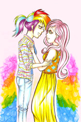 Size: 600x900 | Tagged: safe, artist:spazztasticfangirl, fluttershy, rainbow dash, human, g4, clothes, denim, female, humanized, jeans, lesbian, light skin, pants, ponytail, rainbow background, ship:flutterdash, shipping, simple background, skirt, sweater vest, traditional art, white background