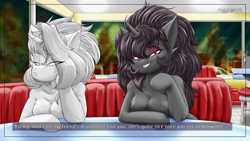 Size: 3840x2160 | Tagged: safe, artist:maximus, oc, oc only, oc:ashley rivera, oc:sunlight stellaris, unicorn, anthro, arm hooves, breast fluff, breasts, diner, duo, featureless breasts, female, high res, lidded eyes, looking at you, shoulder fluff, smiling, smiling at you, table, text, window