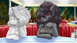 Size: 3840x2160 | Tagged: safe, alternate version, artist:maximus, oc, oc only, oc:ashley rivera, oc:sunlight stellaris, unicorn, anthro, arm hooves, breast fluff, breasts, diner, duo, featureless breasts, female, high res, lidded eyes, shoulder fluff, table, textless version, window