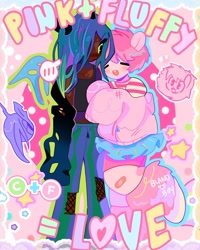 Size: 1440x1800 | Tagged: safe, artist:bland__boy, queen chrysalis, oc, oc:fluffle puff, human, g4, blushing, canon x oc, changeling horn, changeling wings, clothes, dark skin, duo, eared humanization, female, fishnet stockings, hoodie, horn, horned humanization, humanized, jeans, lesbian, pants, pink skin, ripped jeans, ripped pants, ship:chrysipuff, shipping, skirt, tank top, torn clothes, vitiligo, winged humanization, wings