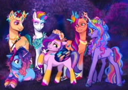 Size: 3466x2434 | Tagged: safe, artist:peachmichea, hitch trailblazer, izzy moonbow, misty brightdawn, pipp petals, sunny starscout, zipp storm, earth pony, pegasus, pony, unicorn, bridlewoodstock (make your mark), g5, my little pony: make your mark, my little pony: make your mark chapter 4, spoiler:g5, spoiler:my little pony: make your mark, spoiler:my little pony: make your mark chapter 4, spoiler:mymc04e01, bracelet, bridlewood, bridlewoodstock, butterfly wings, clothes, female, floral head wreath, flower, glasses, grin, group photo, headphones, height difference, jewelry, leg warmers, makeup, male, mane five, mane six (g5), mane stripe sunny, mare, multicolored mane, necklace, physique difference, pipp is short, rebirth misty, smiling, stallion, wings