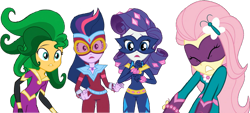 Size: 1332x600 | Tagged: safe, composite screencap, edit, edited screencap, editor:pascalmulokozi2, screencap, fluttershy, mane-iac, radiance, rarity, saddle rager, sci-twi, sunset shimmer, twilight sparkle, human, equestria girls, equestria girls specials, g4, my little pony equestria girls: movie magic, background removed, clothes, costume, eyes closed, female, frown, geode of telekinesis, group, hairpin, magical geodes, masked matter-horn costume, open mouth, power ponies, quartet, shocked, simple background, straining, superhero costume, teeth, transparent background