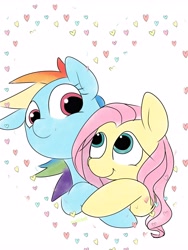 Size: 3072x4096 | Tagged: safe, artist:twiliset, fluttershy, rainbow dash, pegasus, pony, g4, female, happy, heart, lesbian, looking at each other, looking at someone, ship:flutterdash, shipping, simple background, smiling, white background