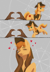 Size: 1311x1887 | Tagged: safe, artist:mavro_etis, braeburn, human, pony, g4, braebetes, commission, cute, daaaaaaaaaaaw, eyes closed, hand, heart, hug, human and pony, human on pony petting, male, petting, smiling, stallion, two toned mane, ych result