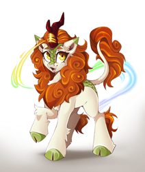 Size: 1842x2176 | Tagged: safe, artist:buvanybu, autumn blaze, kirin, g4, cloven hooves, female, high res, looking at you, magic, open mouth, raised hoof, simple background, smiling, solo, white background
