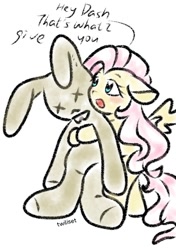 Size: 434x618 | Tagged: safe, artist:twiliset, fluttershy, pegasus, pony, rabbit, g4, animal, blushing, cute, hug, open mouth, saying, simple background, standing on two hooves, toy, white background