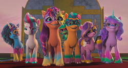 Size: 2525x1357 | Tagged: safe, screencap, hitch trailblazer, izzy moonbow, misty brightdawn, pipp petals, sparky sparkeroni, sunny starscout, zipp storm, earth pony, pegasus, pony, unicorn, g5, my little pony: make your mark, my little pony: make your mark chapter 4, the manesquerade ball, spoiler:g5, spoiler:my little pony: make your mark, spoiler:my little pony: make your mark chapter 4, spoiler:mymc04e05, colored hooves, colored horn, female, group photo, happy, hoof hold, horn, male, mane five, mane seven (g5), mane six (g5), mane stripe sunny, mare, mask, masquerade mask, nervous, open mouth, phone, smiling, stallion