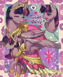 Size: 1280x1575 | Tagged: safe, artist:teachiisan, twilight sparkle, alicorn, pony, g4, big crown thingy, clothes, coronation dress, crown, dress, element of magic, eyes closed, heart, jewelry, raised hoof, regalia, smiling, solo, spread wings, text, twilight sparkle (alicorn), wings
