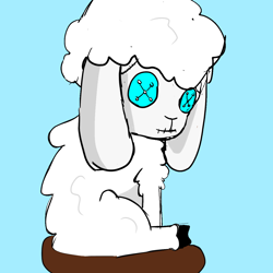 Size: 1280x1280 | Tagged: safe, artist:harmonymew, oc, oc only, oc:prey, lamb, sheep, fanfic:prey and a lamb, blue background, button eyes, cyan background, plushie, simple background, sitting, solo, toy