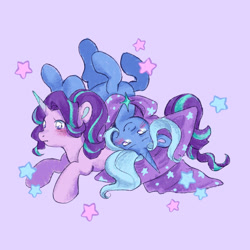 Size: 2048x2048 | Tagged: safe, artist:twilight-spargle, starlight glimmer, trixie, pony, unicorn, g4, blushing, duo, female, high res, lesbian, lying down, lying on top of someone, mare, ship:startrix, shipping, simple background, smiling, stars