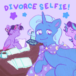 Size: 2048x2048 | Tagged: safe, artist:twilight-spargle, starlight glimmer, trixie, twilight sparkle, alicorn, pony, unicorn, g4, cape, clothes, coffee, computer, crying, divorce, divorce selfie, female, frown, high res, laptop computer, lesbian, meme, ponified meme, selfie, ship:startrix, shipping, simple background, smiling, text, trio, twilight sparkle (alicorn)