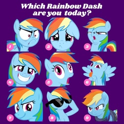 Size: 1080x1080 | Tagged: safe, screencap, rainbow dash, pegasus, pony, crusaders of the lost mark, g4, my little pony: the movie, official, season 2, season 5, tanks for the memories, the super speedy cider squeezy 6000, angry, arin hanson face, crying, cute, dashabetes, discovery family, do i look angry, faic, female, floppy ears, frown, grin, mare, open mouth, open smile, rainbow dash is best facemaker, sad, sadorable, smiling, smirk, smug, smugdash, solo, spread wings, sunglasses, text, tongue out, wings
