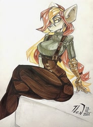 Size: 943x1280 | Tagged: safe, artist:tlen borowski, oc, oc only, anthro, amputee, breasts, clothes, crossed legs, jumpsuit, looking at you, overalls, prosthetic arm, prosthetic limb, prosthetics, sitting, solo, steampunk, sweater, traditional art