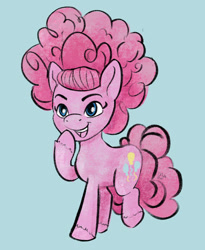 Size: 1446x1763 | Tagged: safe, artist:amynewblue, pinkie pie, earth pony, pony, g4, g5, afro, g4 to g5, generation leap, hoof on chin, open mouth, simple background, smiling, solo