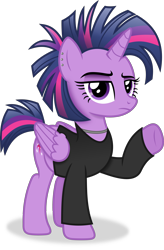 Size: 2704x4112 | Tagged: safe, artist:anime-equestria, twilight sparkle, alicorn, pony, g4, alternate hairstyle, alternate tailstyle, clothes, ear piercing, female, horn, jewelry, mare, necklace, piercing, punk, raised leg, shirt, simple background, solo, tail, transparent background, vector, wings
