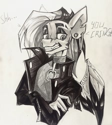 Size: 1146x1280 | Tagged: safe, artist:tlen borowski, oc, oc only, oc:tlen borowski, pegasus, anthro, clothes, collar, colored wings, crossed arms, ear piercing, earring, eyebrow slit, eyebrows, jacket, jewelry, leather, leather jacket, lidded eyes, monochrome, pegasus oc, piercing, rule 63, solo, torn ear, traditional art, two toned wings, wings