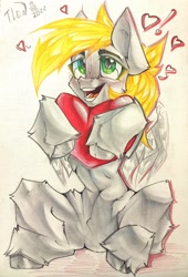 Size: 1394x2048 | Tagged: safe, artist:tlen borowski, oc, oc only, pegasus, pony, belly, belly button, blushing, cyber eyes, heart, heart pillow, holding, pegasus oc, pillow, smiling, solo, traditional art