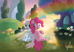 Size: 3562x2526 | Tagged: safe, artist:lydia, pinkie pie, oc, oc:windy／painting heart, earth pony, pony, unicorn, colorful, cute, duo, evening, eyes closed, female, flower, grass, happy, hill, laughing, looking at each other, looking at someone, mountain, one eye closed, open mouth, plant, rainbow, raised hoof, show accurate, sitting, smiling, sun, tree, wink