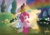 Size: 3562x2526 | Tagged: safe, artist:lydia, pinkie pie, oc, oc:windy／painting heart, earth pony, pony, unicorn, g4, colorful, cute, duo, evening, eyes closed, female, flower, grass, happy, high res, hill, laughing, looking at each other, looking at someone, mountain, one eye closed, open mouth, plant, rainbow, raised hoof, show accurate, sitting, smiling, sun, tree, wink