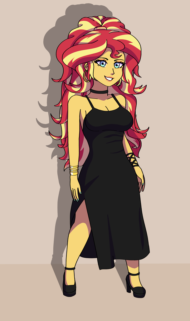 [alternate hairstyle,bracelet,breasts,choker,clothes,dress,earring,equestria girls,eyeshadow,female,high heels,high res,human,jewelry,lipstick,looking at you,makeup,piercing,safe,shoes,solo,standing,sunset shimmer,ear piercing,sleeveless,smiling,bare shoulders,smiling at you,busty sunset shimmer,artist:artevi,equestria girls 10th anniversary]