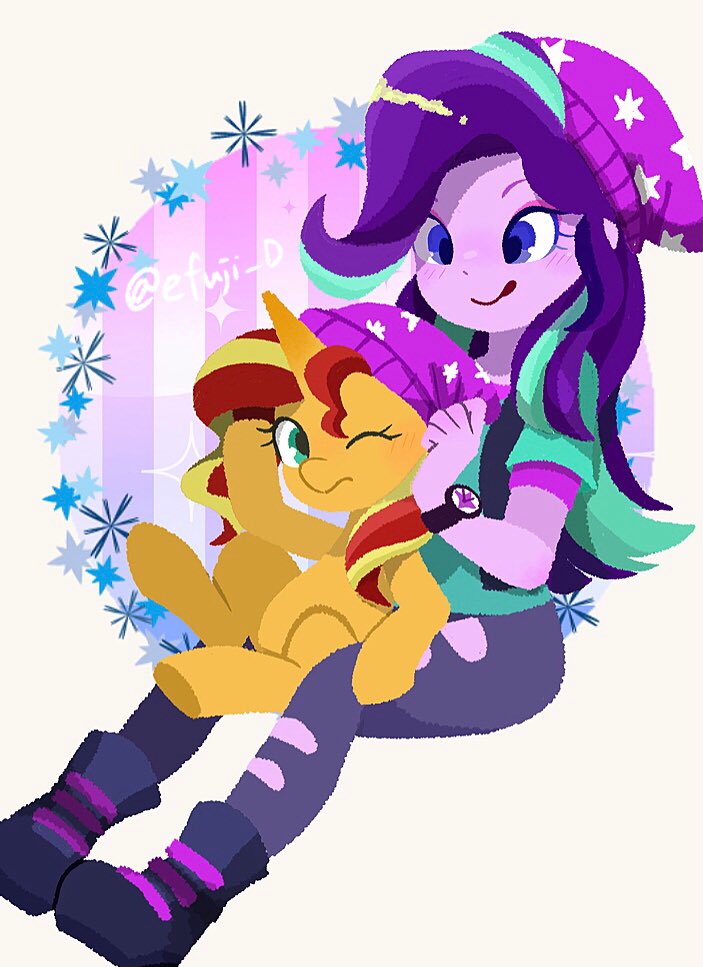 [beanie,clothes,cute,duo,equestria girls,hat,human,pony,safe,simple background,sitting,unicorn,white background,sunset shimmer,shimmerbetes,starlight glimmer,glimmerbetes,smiling,human and pony,artist:efuji_d]