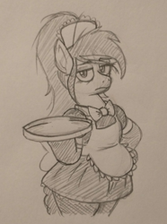 Size: 484x649 | Tagged: safe, artist:jargon scott, oc, oc only, oc:anon-mare, earth pony, pony, bipedal, clothes, female, frown, looking at you, maid, mare, monochrome, pencil drawing, serving tray, solo, traditional art