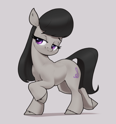 Size: 2160x2300 | Tagged: safe, artist:aquaticvibes, octavia melody, earth pony, pony, g4, female, full body, gray background, high res, mare, missing accessory, raised hoof, raised leg, simple background, smiling, solo