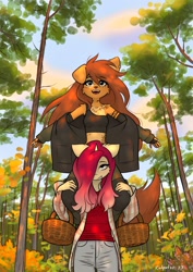Size: 2480x3508 | Tagged: safe, artist:katputze, oc, oc only, oc:apogee (tinygaypirate), oc:crimson sunset, dog, unicorn, anthro, plantigrade anthro, basket, belly button, carrying, cute, cute little fangs, duo, fangs, female, forest, furry, furry oc, hair over one eye, high res, mare, midriff, open mouth, open smile, shoulder ride, smiling, spread arms