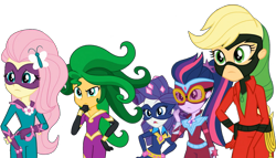 Size: 1716x981 | Tagged: safe, edit, edited screencap, editor:pascalmulokozi2, screencap, applejack, fluttershy, mane-iac, mistress marevelous, radiance, rarity, saddle rager, sci-twi, sunset shimmer, twilight sparkle, human, equestria girls, equestria girls specials, g4, my little pony equestria girls: movie magic, annoyed, background removed, confused, female, frown, group, hand on hip, masked matter-horn costume, not a vector, power ponies, quintet, simple background, superhero costume, transparent background