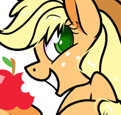 Size: 616x584 | Tagged: safe, artist:paperbagpony, applejack, earth pony, pony, g4, apple, bite mark, bust, colored pupils, female, food, freckles, grin, mare, simple background, smiling, white background