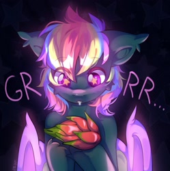 Size: 2239x2247 | Tagged: safe, artist:pledus, oc, oc:prism star, bat pony, abstract background, admiring, blushing, colored pupils, colored wings, colorful, cute, dragon fruit, dragonfruit, drool, floppy ears, focused, folded wings, food, fruit, glowing, herbivore, high res, hungry, looking at something, male, multicolored hair, multicolored wings, open mouth, signature, solo, stallion, stare, starry background, starry eyes, stars, text, unshorn fetlocks, wingding eyes, wings