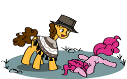 Size: 1600x1000 | Tagged: safe, artist:artevi, cheese sandwich, pinkie pie, earth pony, pony, g4, atg 2023, clothes, duo, faceplant, female, hat, lying down, male, newbie artist training grounds, poncho, prone, simple background, white background