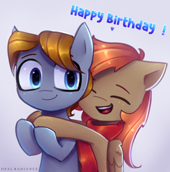 Size: 2800x2840 | Tagged: safe, artist:opal_radiance, oc, oc only, oc:blitz tale, oc:winterlight, earth pony, pegasus, pony, clothes, commission, cute, duo, earth pony oc, eyebrows, eyes closed, folded wings, happy birthday, high res, hug, hug from behind, ocbetes, open mouth, open smile, pegasus oc, scarf, smiling, wings