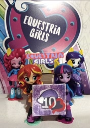 Size: 1733x2448 | Tagged: safe, artist:elidiotadelaesquina, pinkie pie, rarity, sunset shimmer, twilight sparkle, human, equestria girls 10th anniversary, equestria girls, g4, doll, equestria girls minis, irl, photo, toy