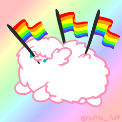 Size: 800x800 | Tagged: safe, artist:mixermike622, oc, oc only, oc:fluffle puff, earth pony, original species, pony, cute, female, flufflebetes, gradient background, mare, mouth hold, ocbetes, pride flag, rainbow background, signature, solo