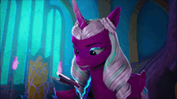 Size: 480x270 | Tagged: safe, screencap, misty brightdawn, opaline arcana, alicorn, pony, unicorn, g5, my little pony: make your mark, my little pony: make your mark chapter 4, top remodel, spoiler:g5, spoiler:my little pony: make your mark, spoiler:my little pony: make your mark chapter 4, spoiler:mymc04e02, animated, cellphone, duo, female, gif, mare, misty deserves better, phone, smartphone, throwing