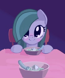 Size: 1568x1876 | Tagged: safe, artist:mandumustbasukanemen, marble pie, earth pony, pony, g4, blushing, bowl, chair, cute, female, food, looking at you, marblebetes, mare, offscreen character, pov, rock soup, smiling, smiling at you, solo, soup