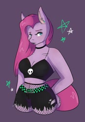 Size: 1423x2048 | Tagged: safe, artist:mscolorsplash, pinkie pie, earth pony, anthro, g4, belly button, breasts, busty pinkie pie, choker, chokerpie, cleavage, female, fishnet stockings, goth, midriff, pinkamena diane pie, purple background, simple background, solo, torn skirt