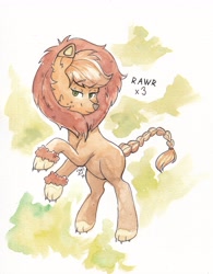 Size: 4536x5810 | Tagged: safe, artist:lightisanasshole, applejack, big cat, earth pony, lion, pony, g4, abstract background, bedroom eyes, bipedal, clothes, costume, female, pony to furry, rawr, solo, text, traditional art, watercolor painting