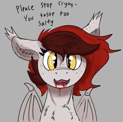 Size: 673x670 | Tagged: safe, artist:reddthebat, oc, oc only, oc:reddthebat, bat pony, pony, bat pony oc, blood, chest fluff, ear fluff, fangs, freckles, gray background, simple background, solo, talking to viewer