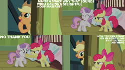 Size: 2000x1125 | Tagged: safe, edit, edited screencap, editor:quoterific, screencap, apple bloom, applejack, sweetie belle, earth pony, pony, unicorn, g4, somepony to watch over me, female, filly, foal, mare