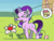 Size: 1800x1350 | Tagged: safe, artist:flutterluv, part of a set, dizzy twister, orange swirl, starlight glimmer, pony, unicorn, g4, ><, apple, atg 2023, ball, book, eyes closed, flower, food, newbie artist training grounds, offscreen character, solo