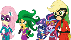 Size: 1185x674 | Tagged: safe, edit, edited screencap, editor:pascalmulokozi2, screencap, applejack, fluttershy, mane-iac, mistress marevelous, radiance, rarity, saddle rager, sci-twi, sunset shimmer, twilight sparkle, human, equestria girls, equestria girls specials, g4, my little pony equestria girls: movie magic, background removed, butterfly hairpin, clothes, costume, eyebrows, female, frown, group, hand on hip, masked matter-horn costume, not a vector, open mouth, power ponies, quintet, simple background, transparent background