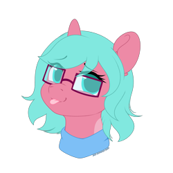 Size: 3000x3000 | Tagged: safe, artist:xcinnamon-twistx, oc, oc only, oc:nano(nanopone), pony, :p, bust, clothes, commission, eye clipping through hair, female, glasses, high res, looking at you, scarf, simple background, sketch, solo, tongue out, transparent background