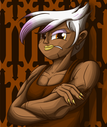Size: 2100x2500 | Tagged: safe, artist:sixes&sevens, gilda, human, fanfic:the sunset archives, equestria girls, g4, angry, clothes, crossed arms, fanfic art, female, high res, knife, looking at you, muscles, muscular female, painted nails, scar, tank top