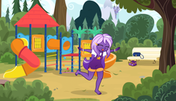 Size: 1200x693 | Tagged: safe, artist:jennieoo, oc, oc:midnight twinkle, human, equestria girls, g4, barefoot, child, feet, forest, happy, kids, park, running, show accurate, smiling, solo, vector