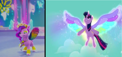 Size: 930x440 | Tagged: safe, edit, edited screencap, screencap, pipp petals, twilight sparkle, alicorn, pegasus, pony, bridlewoodstock (make your mark), g4, g5, my little pony: make your mark, my little pony: make your mark chapter 4, my little pony: rainbow roadtrip, spoiler:g5, spoiler:my little pony: make your mark, spoiler:my little pony: make your mark chapter 4, spoiler:mymc04e01, bridlewoodstock, colored wings, comparison, female, mare, multicolored wings, needs more jpeg, rainbow wings, twilight sparkle (alicorn), wing bling, wings