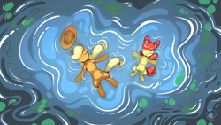 Size: 2560x1440 | Tagged: safe, artist:mysticalpha, apple bloom, applejack, earth pony, pony, g4, apple bloom's bow, applejack's hat, bow, cowboy hat, eyes closed, hair bow, hat, partially submerged, water