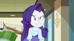 Size: 3072x1727 | Tagged: safe, screencap, rarity, human, equestria girls, equestria girls specials, g4, my little pony equestria girls: dance magic, angry, belt, canterlot high, clothes, eyebrows, faic, female, hairpin, raised eyebrow, rarity is not amused, shirt, skirt, solo, teenager, unamused